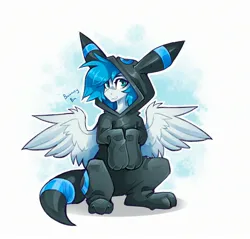 Size: 2479x2366 | Tagged: safe, artist:buvanybu, derpibooru import, oc, pegasus, umbreon, clothes, costume, image, jpeg, kigurumi, looking at you, pokémon, simple background, solo, spread wings, white background, wings