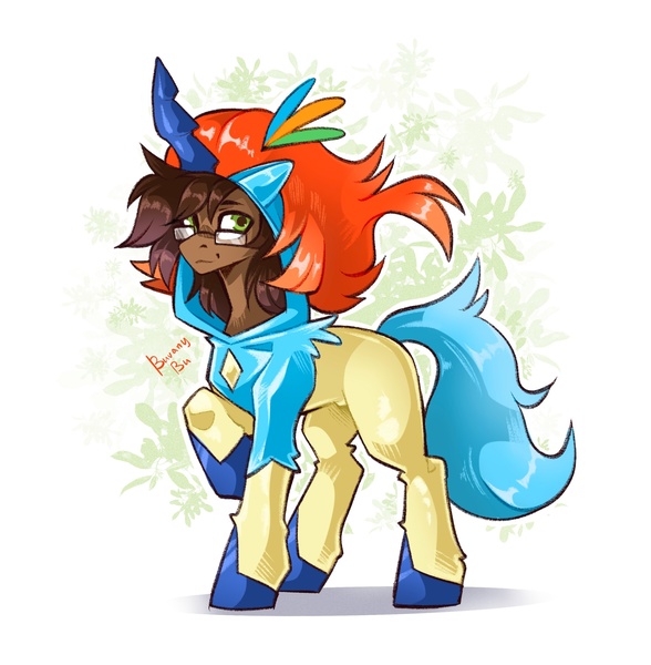 Size: 2116x2160 | Tagged: safe, artist:buvanybu, derpibooru import, oc, oc:be sharp, earth pony, keldeo, clothes, costume, glasses, horn, image, jpeg, kigurumi, looking at you, mythical pokémon, pokémon, simple background, solo, white background