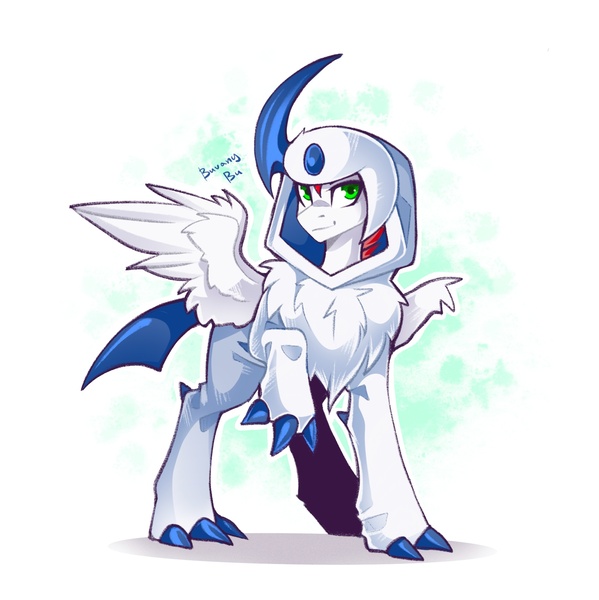 Size: 2157x2160 | Tagged: safe, artist:buvanybu, derpibooru import, oc, oc:swift apex, unofficial characters only, absol, pegasus, clothes, costume, image, jpeg, kigurumi, looking at you, pokémon, raised hoof, simple background, solo, spread wings, white background, wings