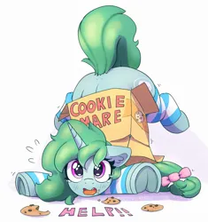 Size: 2225x2372 | Tagged: safe, artist:pabbley, derpibooru import, oc, oc:cookie mare, unofficial characters only, pony, unicorn, adorable distress, ass up, blush lines, blushing, box, commission, cookie, cute, emanata, female, floppy ears, food, frog (hoof), horn, image, jpeg, mare, plewds, simple background, solo, striped leg warmers, stuck, teary eyes, underhoof, white background