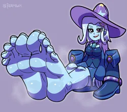 Size: 2087x1838 | Tagged: suggestive, artist:reathroch, derpibooru import, trixie, human, equestria girls, g4, ass, barefoot, boots, butt, clothes, feet, female, fetish, foot fetish, hat, image, png, shoes, simple background, soles, solo, solo female, sweat, sweaty feet, toes, trixie's hat