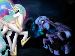 Size: 1024x773 | Tagged: safe, artist:nekomellow, derpibooru import, princess celestia, princess luna, alicorn, pony, lullaby for a princess, g4, black background, darkness, duo, ethereal mane, female, image, jewelry, mare, png, raised hoof, regalia, royal sisters, s1 luna, siblings, simple background, sisters