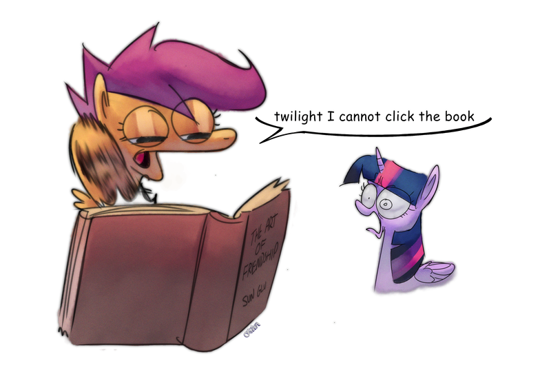 Size: 3387x2285 | Tagged: safe, artist:cryena, derpibooru import, apple bloom, scootaloo, sweetie belle, twilight sparkle, twilight sparkle (alicorn), alicorn, pegasus, pony, friendship is magic, g4, abject terror, book, boomer humor, cutie mark crusaders, female, filly, foal, i cannot click the book, image, png, simple background, speech bubble, this gen is cooked, white background