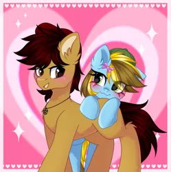 Size: 1974x1978 | Tagged: safe, artist:arllistar, derpibooru import, oc, oc:blitz shadow, oc:lucky bolt, unofficial characters only, earth pony, pegasus, pony, background, backwards ballcap, baseball cap, blushing, bow, cap, commission, couple, female, hair bow, hat, heart, heart background, image, jpeg, looking at each other, looking at someone, male, pentagram, shipping, straight, ych result