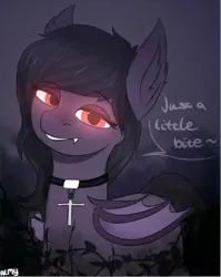 Size: 473x594 | Tagged: artist needed, safe, derpibooru import, bat pony, pony, collar, crucifix, fangs, glowing eyes, image, implied blood drinking, jpeg, request