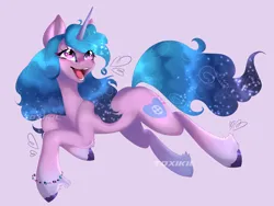 Size: 4000x3000 | Tagged: safe, artist:toxikil, derpibooru import, izzy moonbow, pony, unicorn, g5, blushing, bracelet, cute, ethereal mane, heart, horn, image, izzybetes, jewelry, jumping, looking up, png, raised hoof, shiny mane, simple background, smiling, solo, starry mane, unshorn fetlocks, wingding eyes