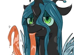 Size: 1024x768 | Tagged: suggestive, artist:sunibee, color edit, edit, queen chrysalis, changeling, changeling queen, /mlp/, 4chan, colored, drawthread, drool, female, image, impossibly long tongue, lidded eyes, long tongue, looking at you, png, simple background, solo, solo female, tongue out, white background