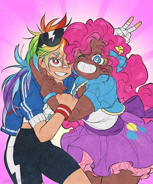 Size: 1080x1296 | Tagged: safe, artist:hazel_artist, derpibooru import, kotobukiya, pinkie pie, rainbow dash, human, female, human coloration, humanized, image, jpeg, kotobukiya pinkie pie, kotobukiya rainbow dash, lesbian, pinkiedash, shipping