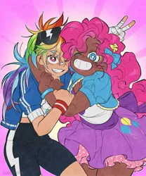 Size: 1080x1296 | Tagged: safe, artist:hazel_artist, derpibooru import, kotobukiya, pinkie pie, rainbow dash, human, female, human coloration, humanized, image, jpeg, kotobukiya pinkie pie, kotobukiya rainbow dash, lesbian, pinkiedash, shipping