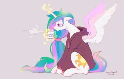 Size: 1280x819 | Tagged: safe, artist:redsnout, derpibooru import, princess celestia, alicorn, pony, clothes, coffee, coffee mug, grumpy, hair, hoodie, image, jpeg, messy mane, morning, morning ponies, mug, ponytail, sleepy, solo, spread wings, wings