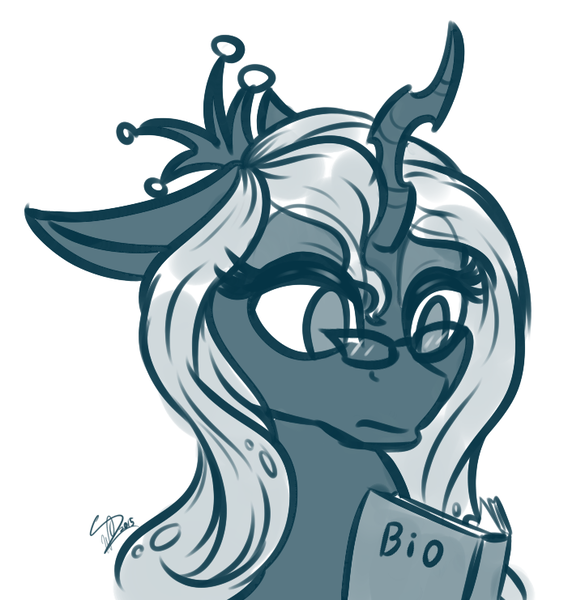 Size: 701x741 | Tagged: safe, artist:krucification, queen chrysalis, changeling, changeling queen, /mlp/, 4chan, book, bust, drawthread, female, glasses, image, looking at something, monochrome, no pupils, png, reading, signature, simple background, solo, white background