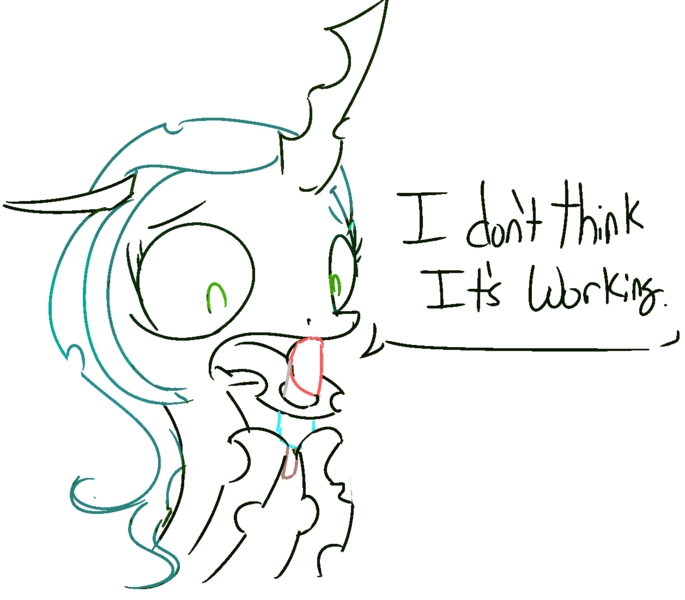 Size: 1257x1101 | Tagged: safe, artist:sidekick, queen chrysalis, changeling, changeling queen, /mlp/, 4chan, dialogue, drawthread, female, floppy ears, food, hoof hold, image, looking at something, png, popsicle, simple background, sketch, solo, white background