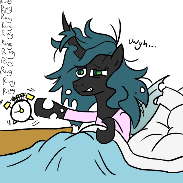 Size: 800x800 | Tagged: safe, artist:jargon scott, color edit, colorist:dropboxfag, edit, queen chrysalis, changeling, changeling queen, /mlp/, 4chan, alarm clock, bed, bed mane, blanket, clock, clothes, colored, drawthread, female, image, majestic as fuck, messy mane, morning ponies, pajamas, pillow, png, ringing, solo