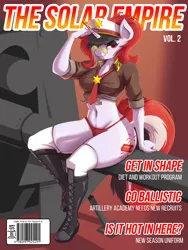 Size: 2160x2880 | Tagged: suggestive, artist:danli69, derpibooru import, part of a set, oc, oc:red rocket, unicorn, equestria at war mod, series:playpony the solar empire limited edition, artillery, barcode, boots, cannon, cap, clothes, cutie mark, eyeshadow, front knot midriff, glasses, hat, horn, image, knee-high boots, latex, looking at you, makeup, midriff, necktie, panties, peaked cap, pinup, playboy, playpony, png, salute, shoes, solar empire, solo, sultry pose, text, thong, underwear