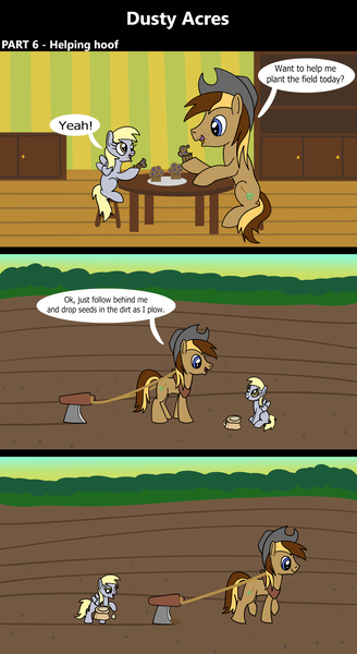 Size: 1920x3516 | Tagged: safe, artist:platinumdrop, derpibooru import, derpy hooves, oc, oc:dusty hooves, pony, comic:dusty acres, series:technoverse, 3 panel comic, bag, comic, commission, dialogue, female, filly, foal, food, image, muffin, plow, png, seeds, speech bubble, younger