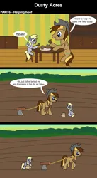 Size: 1920x3516 | Tagged: safe, artist:platinumdrop, derpibooru import, derpy hooves, oc, oc:dusty hooves, pony, comic:dusty acres, series:technoverse, 3 panel comic, bag, comic, commission, dialogue, female, filly, foal, food, image, muffin, plow, png, seeds, speech bubble, younger