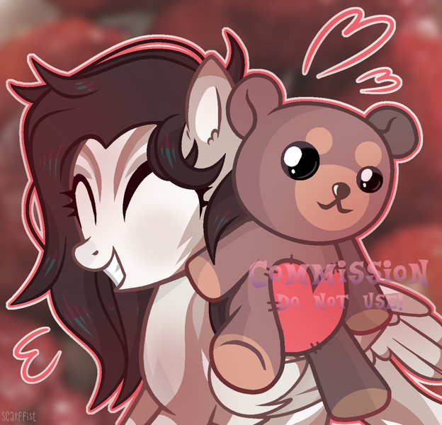 Size: 1920x1846 | Tagged: safe, artist:scarffist, derpibooru import, oc, unofficial characters only, pegasus, pony, commission, cute, eyes closed, happy, heart, image, long hair, long mane, plushie, png, solo, teddy bear, toy, wings, ych result