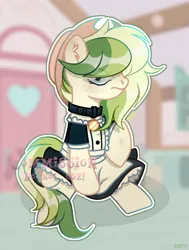 Size: 1920x2535 | Tagged: suggestive, artist:scarffist, derpibooru import, oc, unofficial characters only, earth pony, pony, bell, bell collar, clothes, collar, commission, cute, green mane, image, light skin, maid, png, socks, solo, stockings, thigh highs, ych result