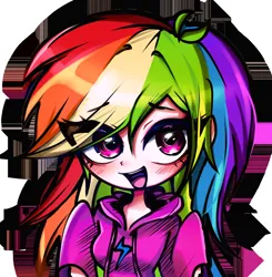 Size: 1350x1380 | Tagged: safe, artist:pulse, derpibooru import, rainbow dash, human, g4, blushing, bust, clothes, eye clipping through hair, eyebrows, eyebrows visible through hair, female, hoodie, humanized, image, looking at you, open mouth, open smile, png, smiling, smiling at you, solo