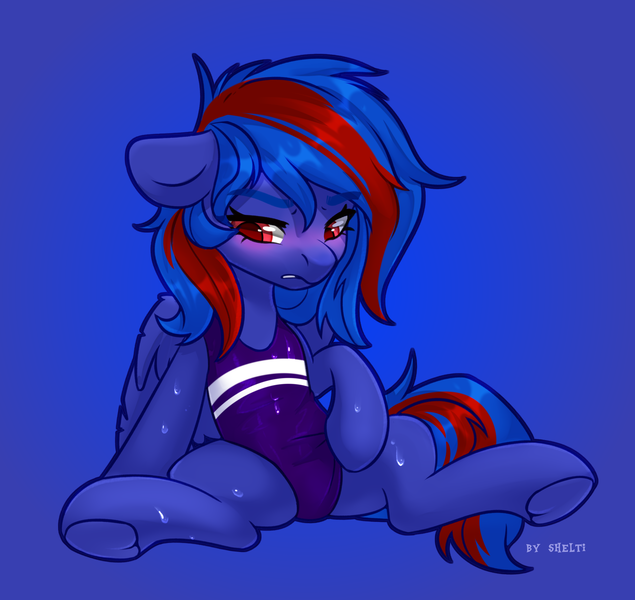 Size: 2104x1988 | Tagged: safe, artist:shelti, derpibooru import, oc, oc:redline lightwing, unofficial characters only, pegasus, pony, blushing, clothes, image, one-piece swimsuit, pegasus oc, png, sitting, solo, spread legs, spreading, swimsuit, wings