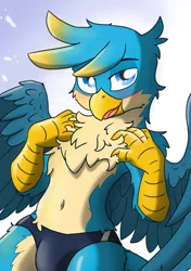 Size: 3316x4719 | Tagged: safe, artist:pzkratzer, derpibooru import, gallus, gryphon, semi-anthro, adorasexy, beak, belly, belly button, chest fluff, clothes, crotch bulge, cute, gallabetes, image, looking at you, male, open beak, open mouth, panties, png, sexy, solo, solo male, speedo, stupid sexy gallus, swimsuit, underwear