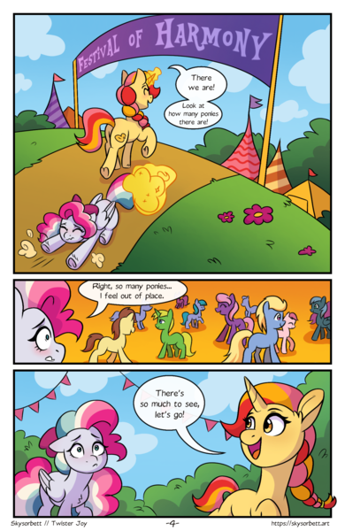 Size: 1496x2299 | Tagged: safe, artist:skysorbett, derpibooru import, oc, oc:peach bubble, oc:sky sorbet, unofficial characters only, pegasus, pony, unicorn, comic:breaking free, comic, crowd, dragging, female, horn, image, mare, outdoors, png, speech bubble, talking