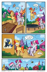 Size: 1496x2300 | Tagged: safe, artist:skysorbett, derpibooru import, oc, oc:peach bubble, oc:sky sorbet, unofficial characters only, bee, insect, pegasus, pony, unicorn, comic:breaking free, comic, female, horn, horseshoes, image, jumping, mare, market, outdoors, png, speech bubble, talking, town, trampoline