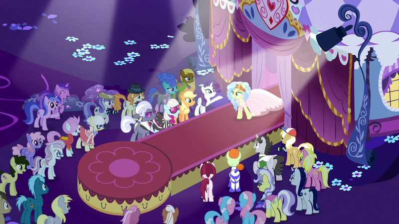 Size: 1280x720 | Tagged: safe, derpibooru import, screencap, aloe, amethyst star, applejack, cayenne, derpy hooves, doctor whooves, eiffel, fuchsia fizz, hoity toity, jet set, lotus blossom, moonlight raven, north point, photo finish, press pass, press release (character), pretty vision, rainbowshine, rarity, sea swirl, seafoam, silver spanner, snappy scoop, soigne folio, stella lashes, sunshine smiles, time turner, unnamed character, unnamed pony, upper crust, pony, g4, honest apple, season 7, carousel boutique, elise, image, meadow cascade, morning glory (g4), picture frame (g4), png, press release (g4), stella