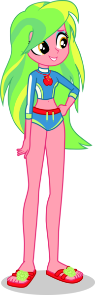 Size: 1280x3981 | Tagged: safe, artist:dustinwatsongkx, derpibooru import, lemon zest, human, equestria girls, g4, applejack's beach shorts swimsuit, belly, belly button, clothes, female, geode of super strength, image, magical geodes, png, sandals, show accurate, simple background, slender, solo, style emulation, swimsuit, thin, transparent background, vector