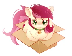 Size: 2706x2111 | Tagged: safe, artist:melodylibris, derpibooru import, roseluck, pony, behaving like a cat, box, collar, commission, commissioner:doom9454, cute, fluffy, if i fits i sits, image, looking at you, lying down, pet tag, png, pony in a box, pony pet, ponyloaf, prone, rosepet, simple background, solo, white background