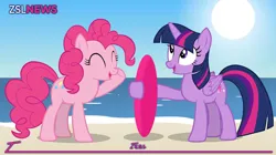 Size: 828x465 | Tagged: safe, artist:zslnews, derpibooru import, pinkie pie, twilight sparkle, twilight sparkle (alicorn), alicorn, earth pony, pony, g4, ^^, beach, duo, duo female, eyes closed, female, image, jpeg, looking up, mare, open mouth, sun, surfboard, updated, updated image, water