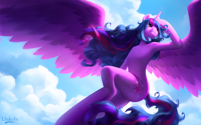 Size: 2957x1842 | Tagged: safe, artist:l1nkoln, derpibooru import, twilight sparkle, twilight sparkle (alicorn), alicorn, semi-anthro, g4, armpits, cloud, flying, image, jpeg, large wings, solo, spread wings, stupid sexy twilight, wind, windswept mane, wings