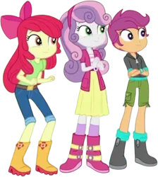 Size: 2259x2520 | Tagged: safe, derpibooru import, edit, edited screencap, editor:homersimpson1983, screencap, apple bloom, scootaloo, sweetie belle, human, equestria girls, g4, background removed, cutie mark crusaders, female, image, not a vector, png