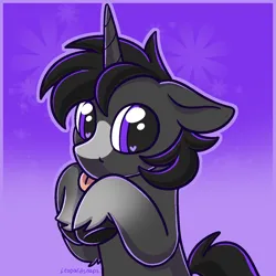 Size: 1400x1400 | Tagged: safe, artist:leopardsnaps, derpibooru import, oc, oc:crystal nightshine, unofficial characters only, pony, unicorn, :p, cute, gradient background, horn, image, male, png, purple background, raised hoof, raised hooves, simple background, solo, stallion, tongue out, unicorn oc