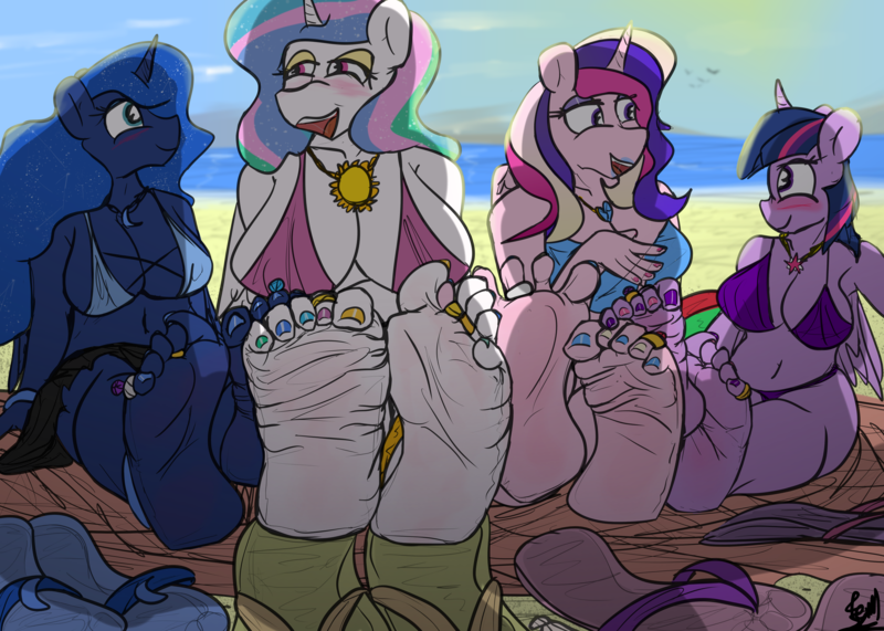 Size: 7000x5000 | Tagged: suggestive, artist:fetishsketches, derpibooru import, princess cadance, princess celestia, princess luna, twilight sparkle, twilight sparkle (alicorn), alicorn, anthro, plantigrade anthro, alicorn tetrarchy, barefoot, big breasts, bikini, blushing, breasts, busty princess cadance, busty princess celestia, busty princess luna, busty twilight sparkle, clothes, commission, digital art, feet, fetish, flip-flops, foot fetish, footsie, image, jewelry, looking at each other, looking at someone, nail polish, necklace, open mouth, open smile, png, quartet female, sandals, smiling, soles, swimsuit, toe ring, toenail polish