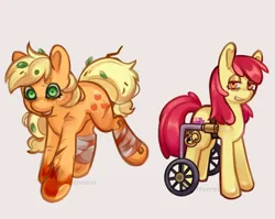 Size: 1074x855 | Tagged: semi-grimdark, artist:vtya, derpibooru import, apple bloom, applejack, earth pony, pony, fanfic:an apple sleep experiment, apple sisters, bandage, blood, duo, duo female, fanfic art, female, filly, foal, freckles, grin, image, leaf, mare, messy mane, png, scar, siblings, simple background, sisters, smiling, wheelchair, white background