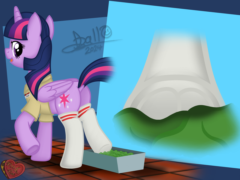 Size: 4160x3120 | Tagged: suggestive, artist:tidmouthmilk12, derpibooru import, twilight sparkle, twilight sparkle (alicorn), alicorn, pony, art pack:hoof to heart, abstract background, burger king foot lettuce, close-up, clothes, crushing, fetish, food, foodplay, hoof fetish, image, lettuce, looking back, name tag, png, raised hoof, raised tail, socks, tail, tiled floor, underhoof, uniform