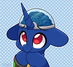 Size: 4000x3664 | Tagged: safe, artist:goyini01, derpibooru import, oc, oc:bit shift, unofficial characters only, pony, unicorn, fallout equestria, blue coat, brain, clothes, commission, cute, dome, floppy ears, high res, hooves together, horn, image, jumpsuit, looking up, male, organs, pipbuck, pleading, png, polka dot background, red eyes, solo, stallion, vault suit