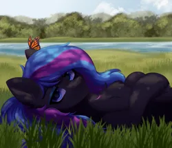 Size: 2662x2286 | Tagged: safe, artist:alunedoodle, derpibooru import, oc, oc:obabscribbler, unofficial characters only, butterfly, earth pony, insect, pony, bust, female, grass, grass field, image, looking at you, lying down, makeup, png, portrait, river, smiling, smiling at you, solo, two toned mane, water