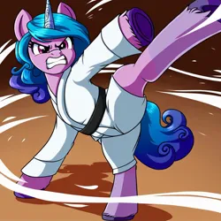 Size: 1024x1024 | Tagged: safe, ai content, derpibooru import, machine learning generated, prompter:jasonthesuperior, izzy moonbow, pony, unicorn, g5, angry, black belt, clothes, female, gi, horn, image, jpeg, kick, mare, martial arts, solo