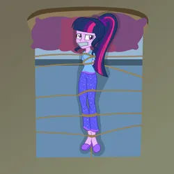 Size: 2500x2500 | Tagged: safe, artist:nie-martw-sie-o-mnie, derpibooru import, part of a set, twilight sparkle, human, equestria girls, g4, bed, bondage, clothes, female, femsub, gag, image, lying down, on back, pajamas, pillow, png, rope, rope bondage, slippers, solo, submissive, tape, tape gag, tied down, twisub