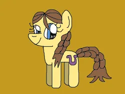 Size: 752x568 | Tagged: safe, artist:bikinithefangirlfanclub24, derpibooru import, heidi hay, earth pony, pony, g4, 1000 hours in ms paint, 1000 hours in paint.net, braid, braided pigtails, closed mouth, cute, dark yellow background, deviantart muro, drawn on deviantart muro, female, filly, foal, heidibetes, image, pigtails, png, simple background, smiling, solo