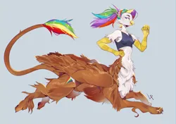 Size: 3832x2704 | Tagged: safe, artist:satway, derpibooru import, oc, oc:rainbow feather, unofficial characters only, hippogriff, taur, belly, belly button, clothes, cutie mark, fluffy, griffontaur, image, interspecies offspring, magical lesbian spawn, offspring, parent:gilda, parent:rainbow dash, parents:gildash, png, running, solo, thin