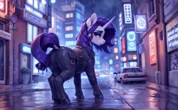 Size: 1024x632 | Tagged: safe, ai content, machine learning generated, prompter:raif, rarity, pony, unicorn, g4, blushing, city, cityscape, clothes, female, horn, image, jpeg, looking at you, rain, solo, solo female