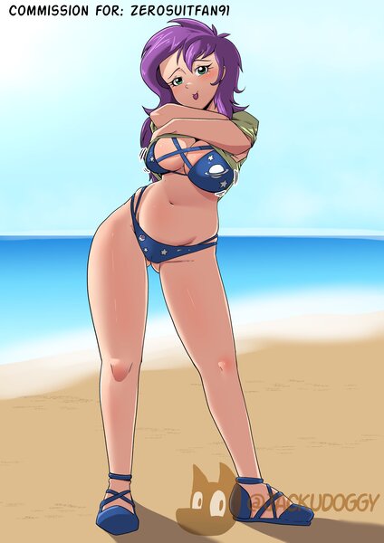 Size: 2894x4093 | Tagged: suggestive, artist:jackudoggy, derpibooru import, oc, oc:sky spark, human, beach, big breasts, bikini, breasts, clothes, humanized, humanized oc, image, jpeg, sexy, shirt, shirt lift, swimsuit