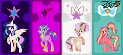 Size: 1814x814 | Tagged: safe, artist:happiestpony, derpibooru import, oc, oc:prince starstreak, oc:princess magnificent star, oc:princess rose gold, oc:princess sunset knight, unofficial characters only, alicorn, pegasus, pony, unicorn, g4, alicorn oc, base used, concave belly, female, group, horn, image, male, mare, offspring, parent:flash sentry, parent:pound cake, parent:princess flurry heart, parent:twilight sparkle, parents:flashlight, parents:poundflurry, png, raised hoof, slender, stallion, tall, thin, wings