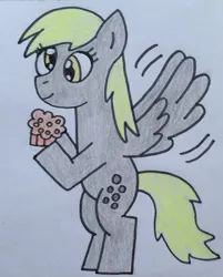 Size: 1816x2257 | Tagged: safe, artist:dragonpriness, derpibooru import, derpy hooves, pegasus, pony, female, flying, food, image, jpeg, mare, muffin, smiling, solo, that pony sure does love muffins, traditional art