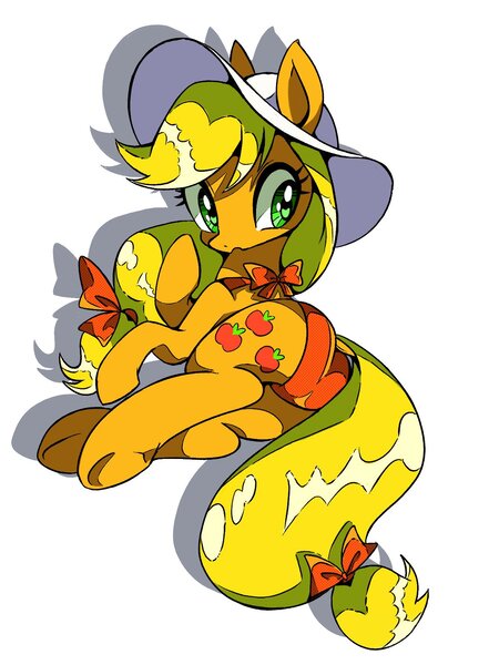 Size: 1200x1600 | Tagged: safe, artist:stacy_165cut, derpibooru import, applejack, earth pony, pony, g4, alternate accessories, applebutt, big eyes, blonde mane, blonde tail, bow, butt, clothes, eyelashes, female, frown, green eyes, hair accessory, hair bow, hat, image, jpeg, looking away, mane accessory, mare, neck bow, open frown, open mouth, orange bow, plot, shadow, shiny eyes, shiny mane, shiny tail, simple background, solo, sun hat, swimsuit, tail, tail accessory, tail bow, tied mane, tied tail, two-piece swimsuit, underhoof, white background, wingding eyes, yellow mane, yellow tail