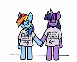 Size: 1600x1300 | Tagged: safe, artist:doggoisadummy, derpibooru import, rainbow dash, twilight sparkle, pegasus, pony, semi-anthro, unicorn, g4, clothes, duo, female, holding hooves, image, jpeg, lesbian, mare, shipping, shirt, simple background, t-shirt, twidash, unicorn twilight, white background