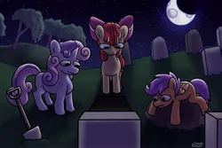 Size: 3000x2000 | Tagged: safe, artist:doggoisadummy, derpibooru import, apple bloom, scootaloo, sweetie belle, earth pony, pegasus, pony, unicorn, bow, cutie mark crusaders, female, filly, foal, grave, grave robber, grave robbing, gravestone, graveyard, hair bow, horn, image, jpeg, night, shovel, trio